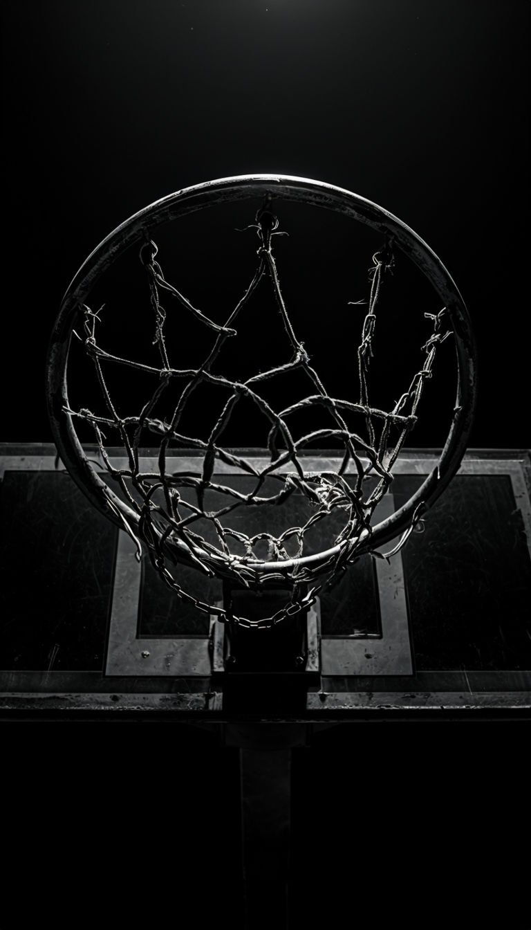 High-Contrast Monochrome Basketball Hoop Close-Up Mobile Wallpaper