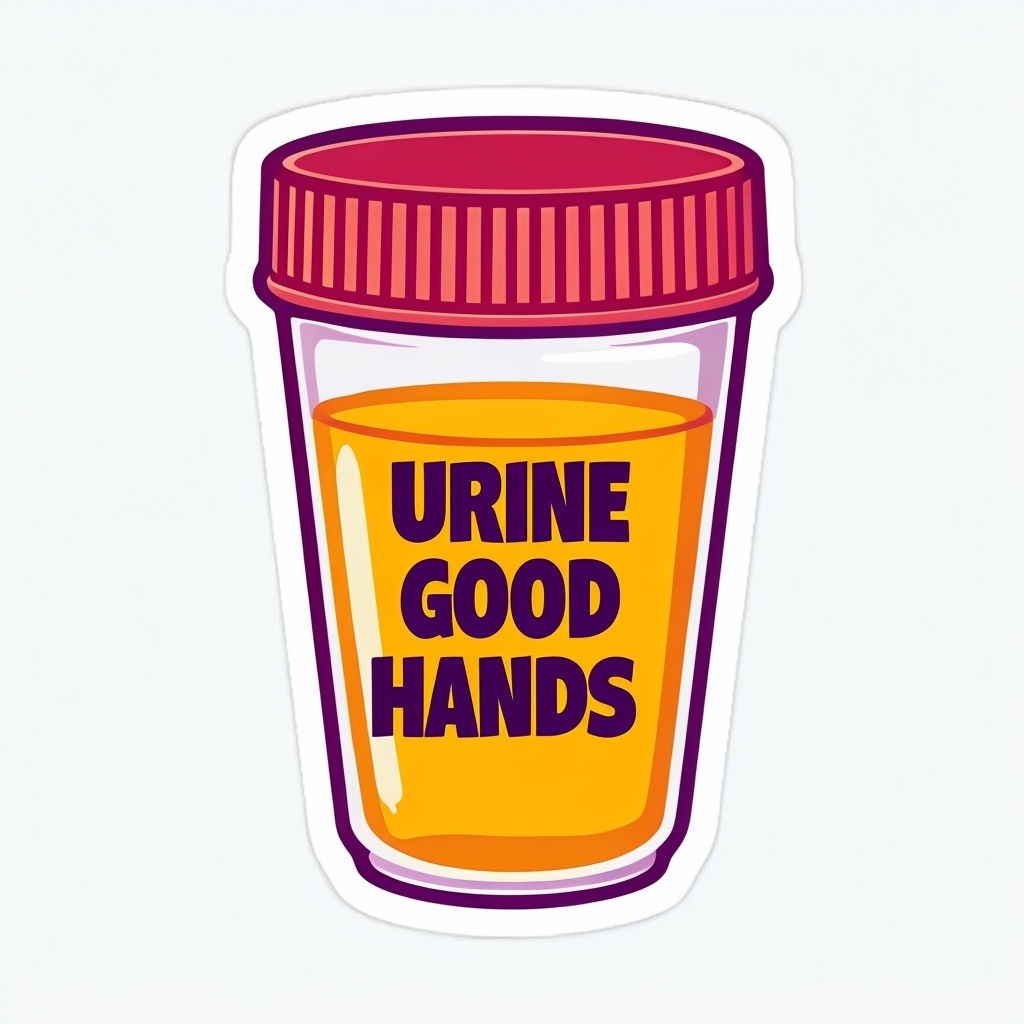 Humorous URINE GOOD HANDS Cartoon Sticker with Colorful Cup Design