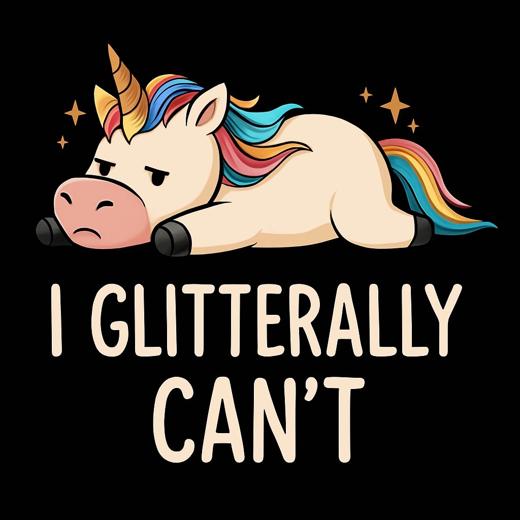 Playful Cartoon Unicorn with 'I Glitterally Can't' Text T-Shirt