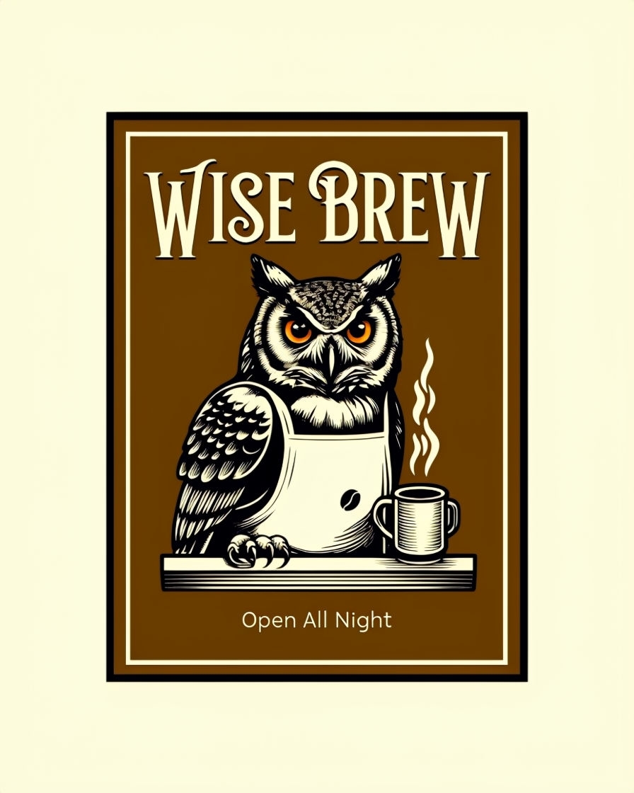 Cozy Great Horned Owl Coffee Shop Sign Artwork Poster