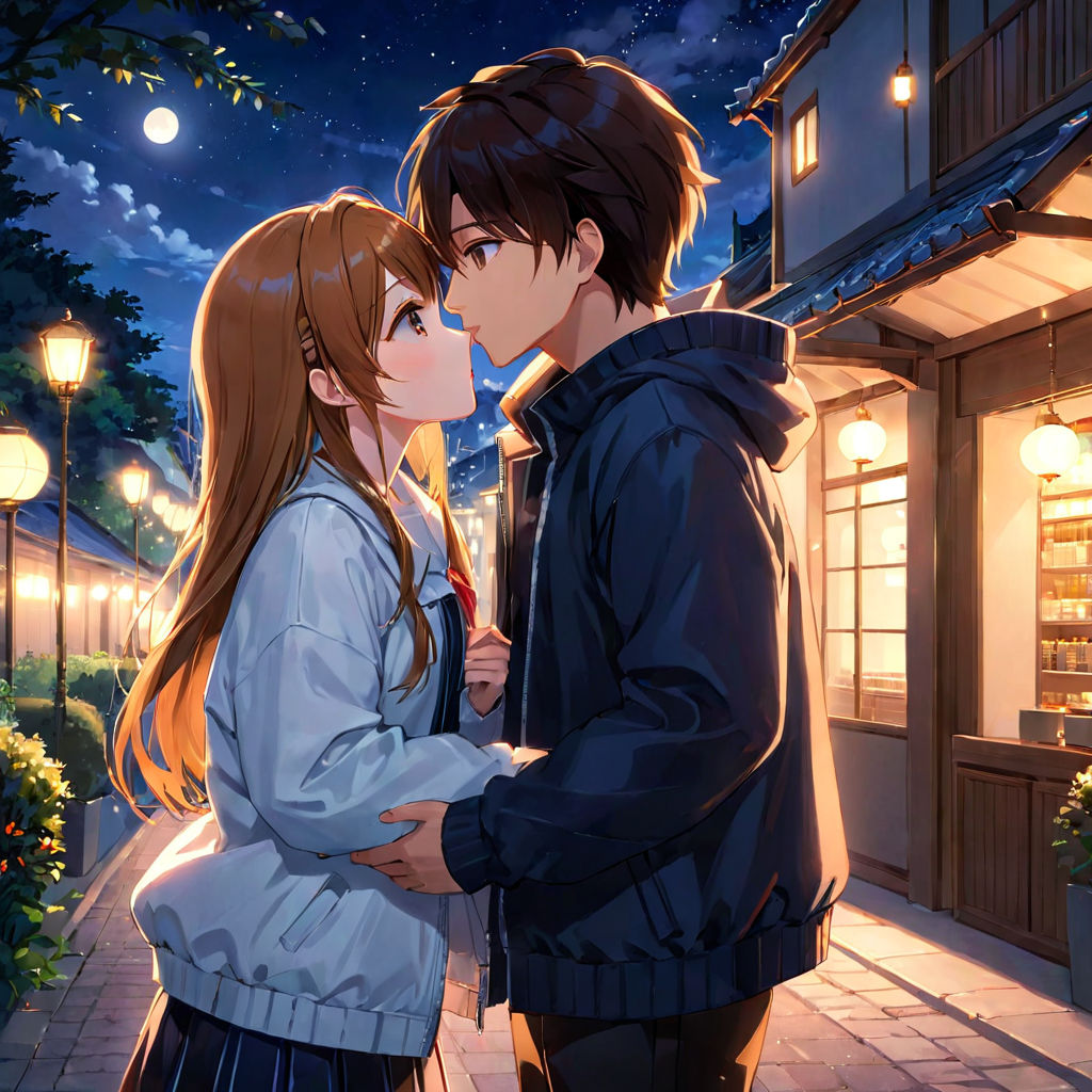 Anime world couple kissing in the evening