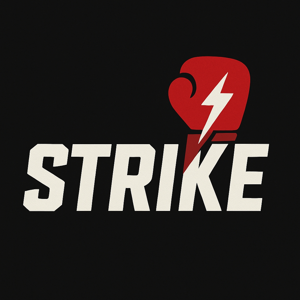 Powerful STRIKE Logo with Boxing Glove and Lightning Bolt Design