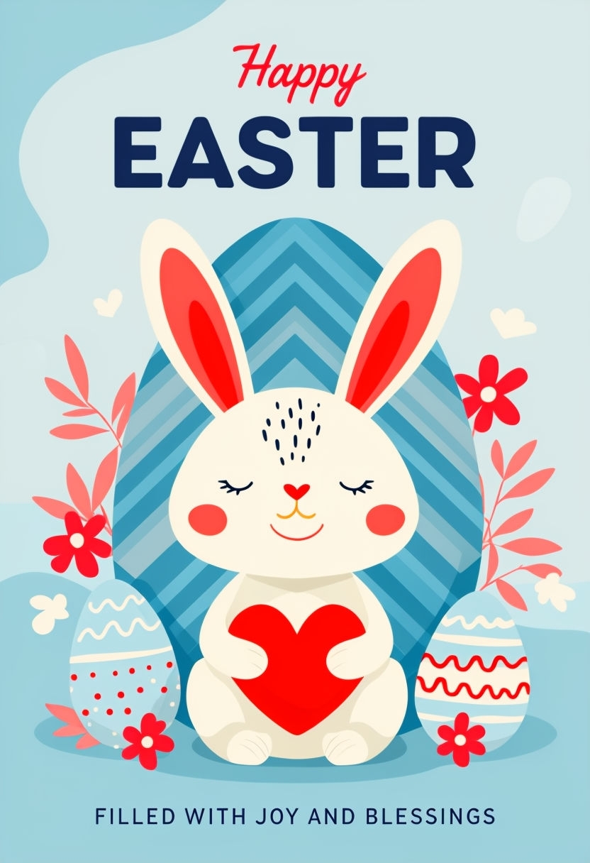 Cheerful Easter Bunny Greeting Card with Decorative Eggs and Flowers Cards & Invites