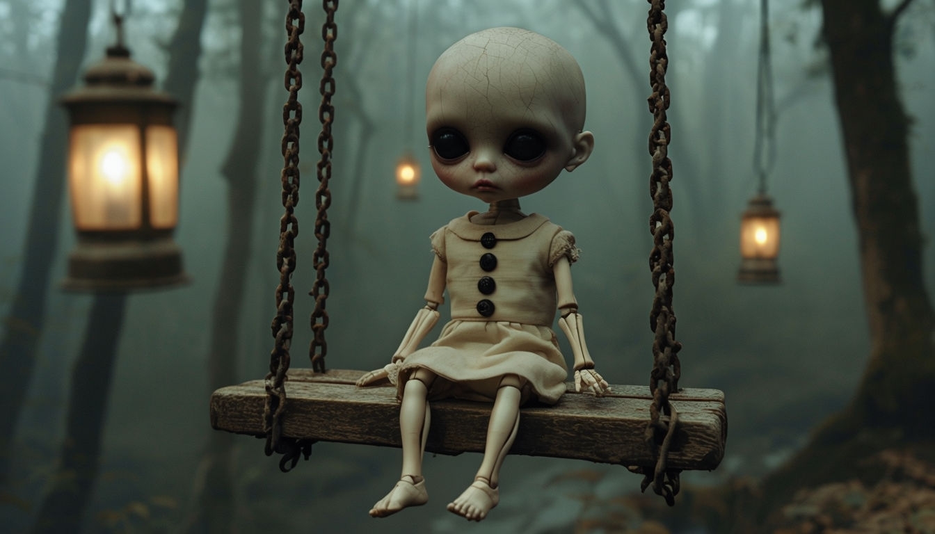 Eerie Doll Figure on Swing in Foggy Forest Background