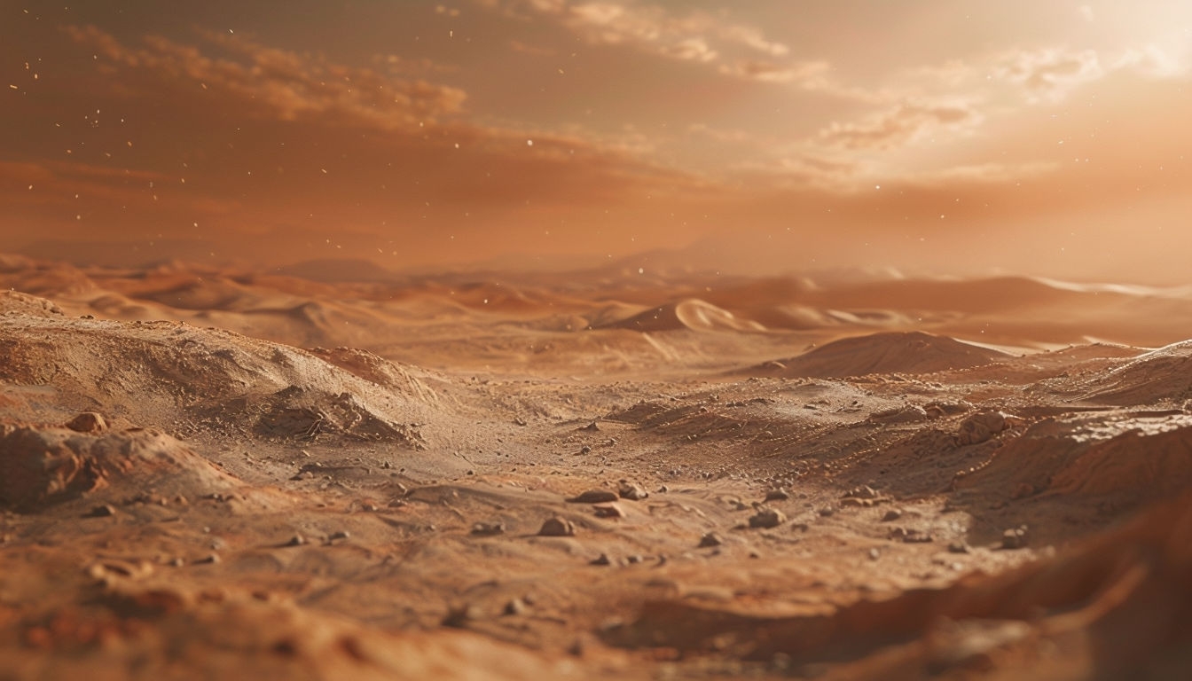 Alien Desert Landscape with Warm Hues and Textured Terrain Virtual Backgrounds