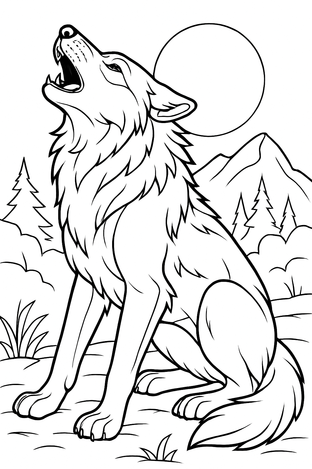Dramatic Black and White Wolf Howling in Nature Illustration Coloring Book Pages