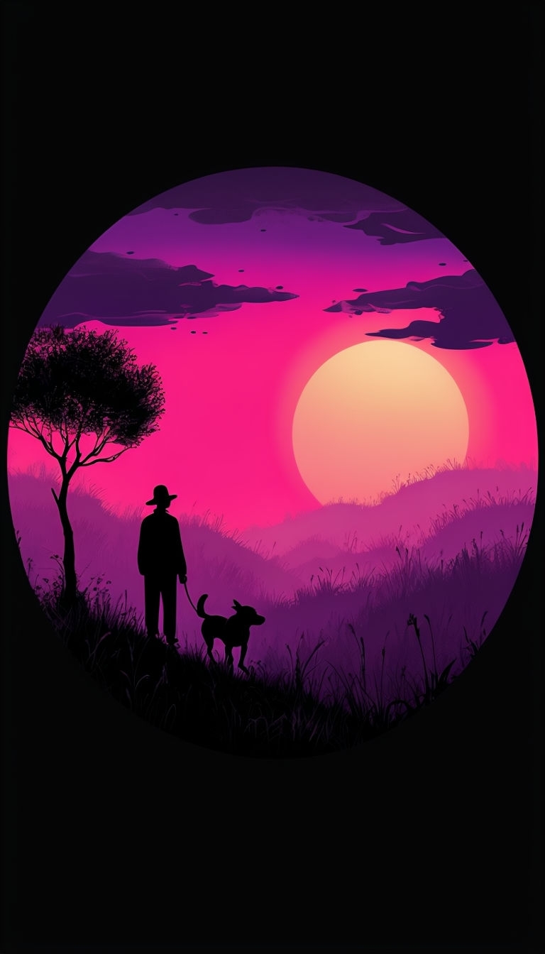 Serene Silhouette Landscape at Dusk with Dog and Tree Mobile Wallpaper