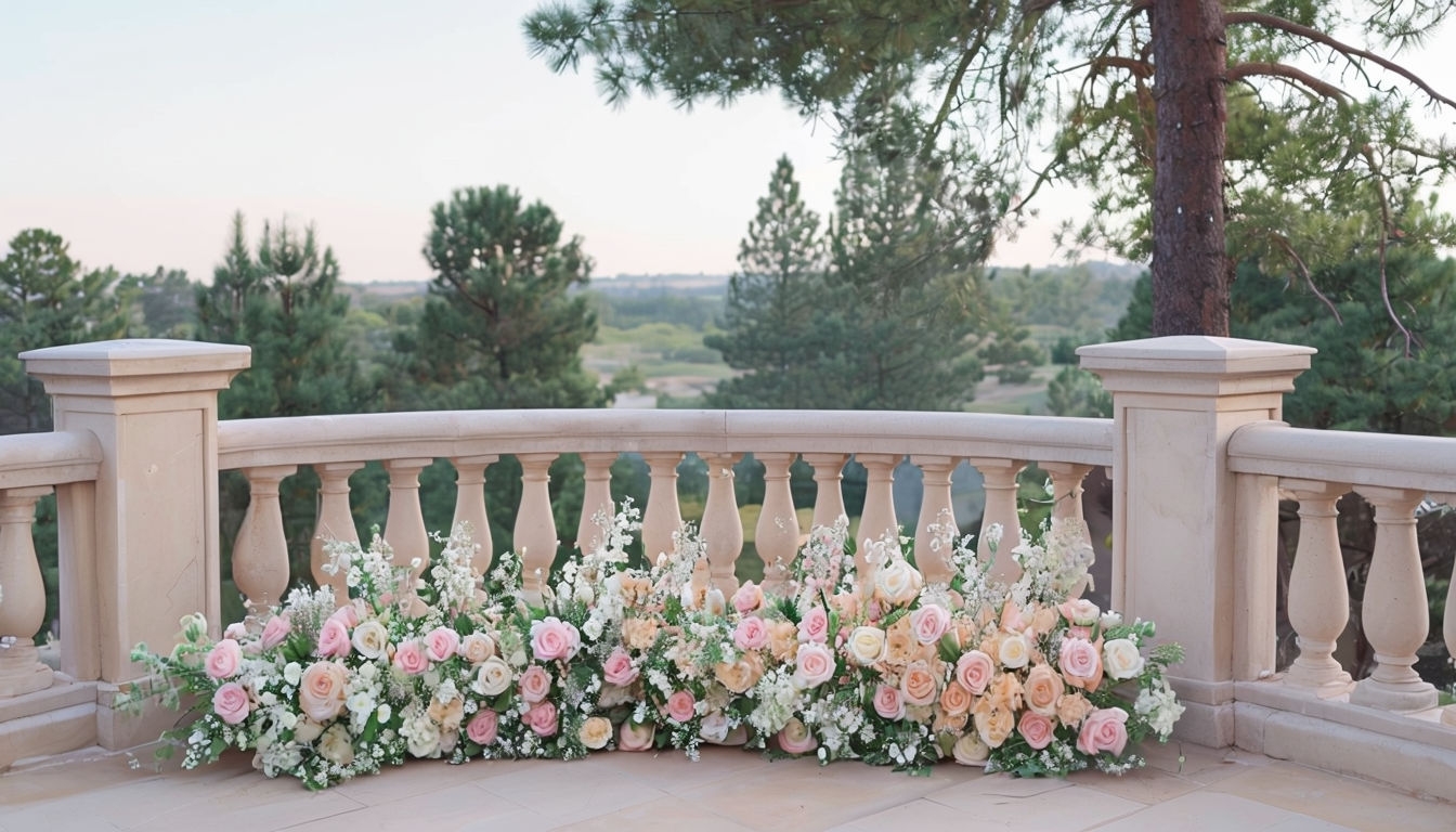 Romantic Outdoor Balcony with Floral Arrangement Virtual Background