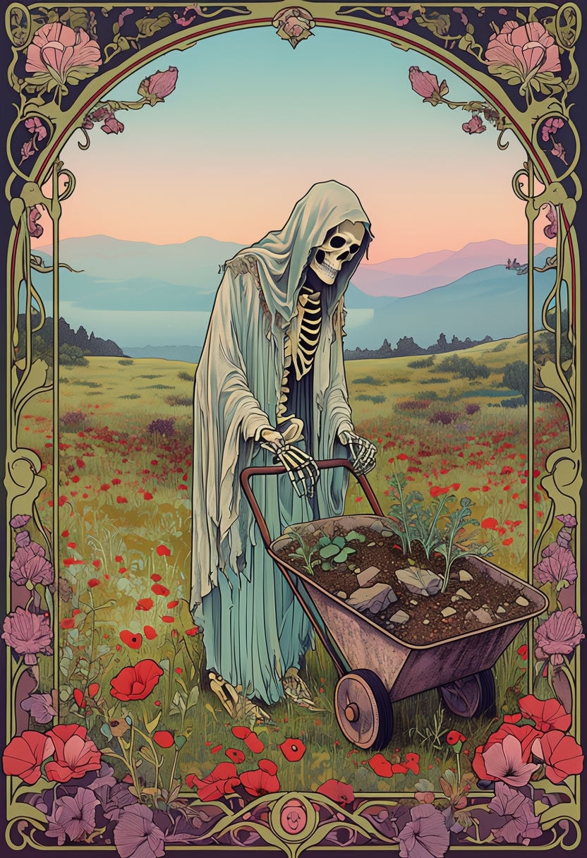 Surreal Art Nouveau Skeletal Figure in Lush Meadow Scene Art
