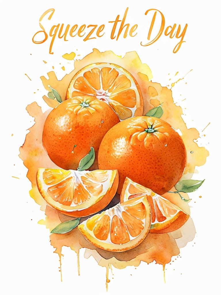 Vibrant Watercolor Oranges with "Squeeze the Day" Text Poster