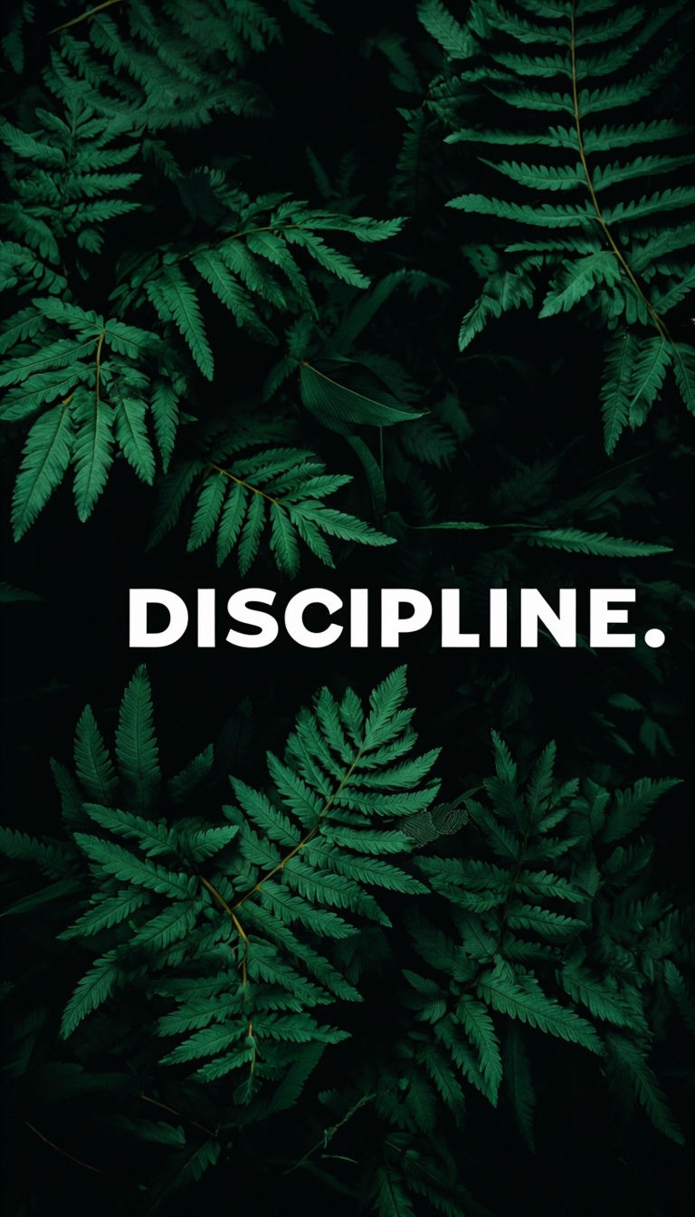 Bold White Discipline Text on Dark Green Fern Leaves Mobile Wallpaper