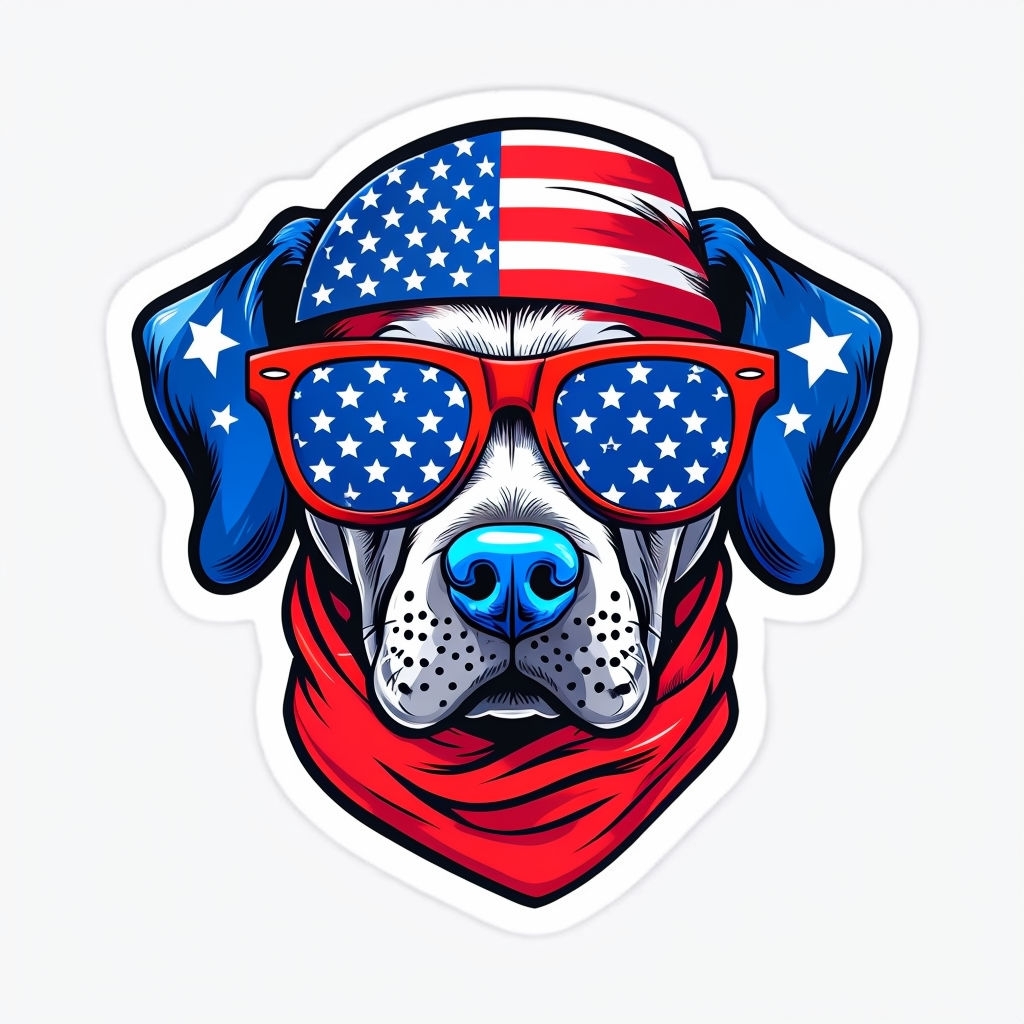 Patriotic Cartoon Dog Sticker with Sunglasses and Bandana