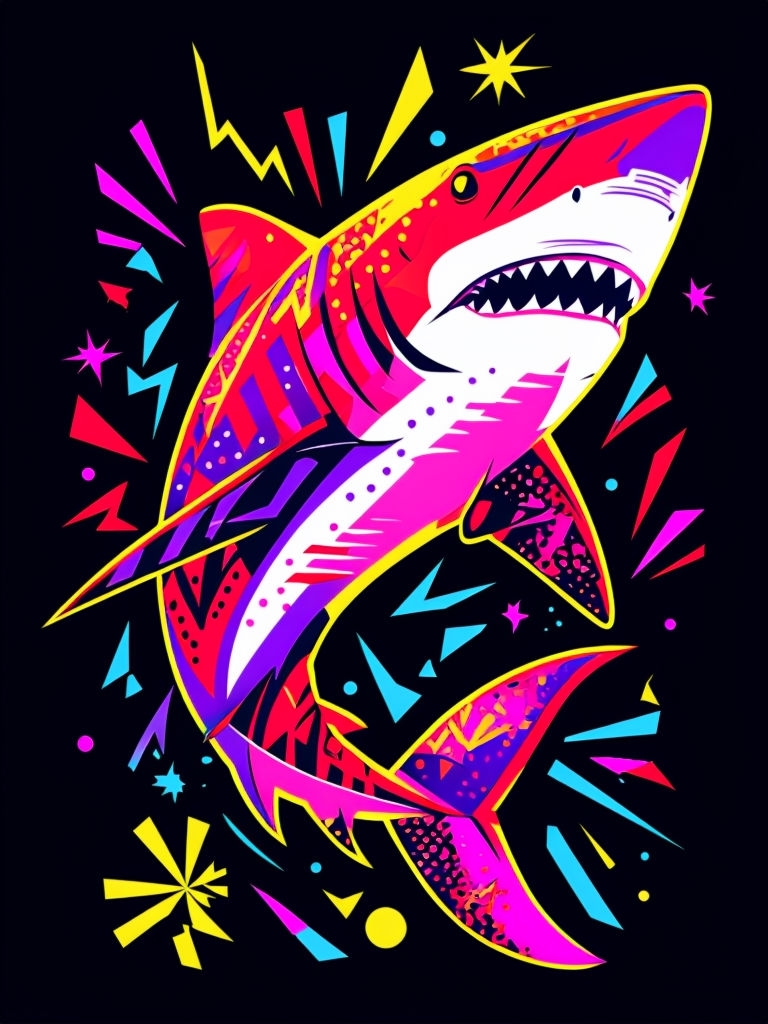 Vibrant Neon Shark Digital Illustration Against Black Background Art