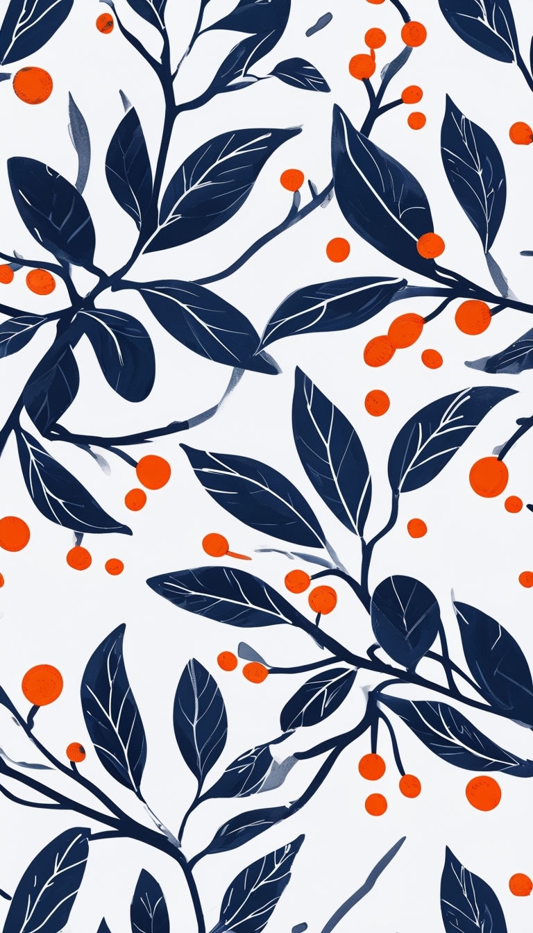 Navy Blue Leaf Pattern with Orange Berries Phone Case Cover