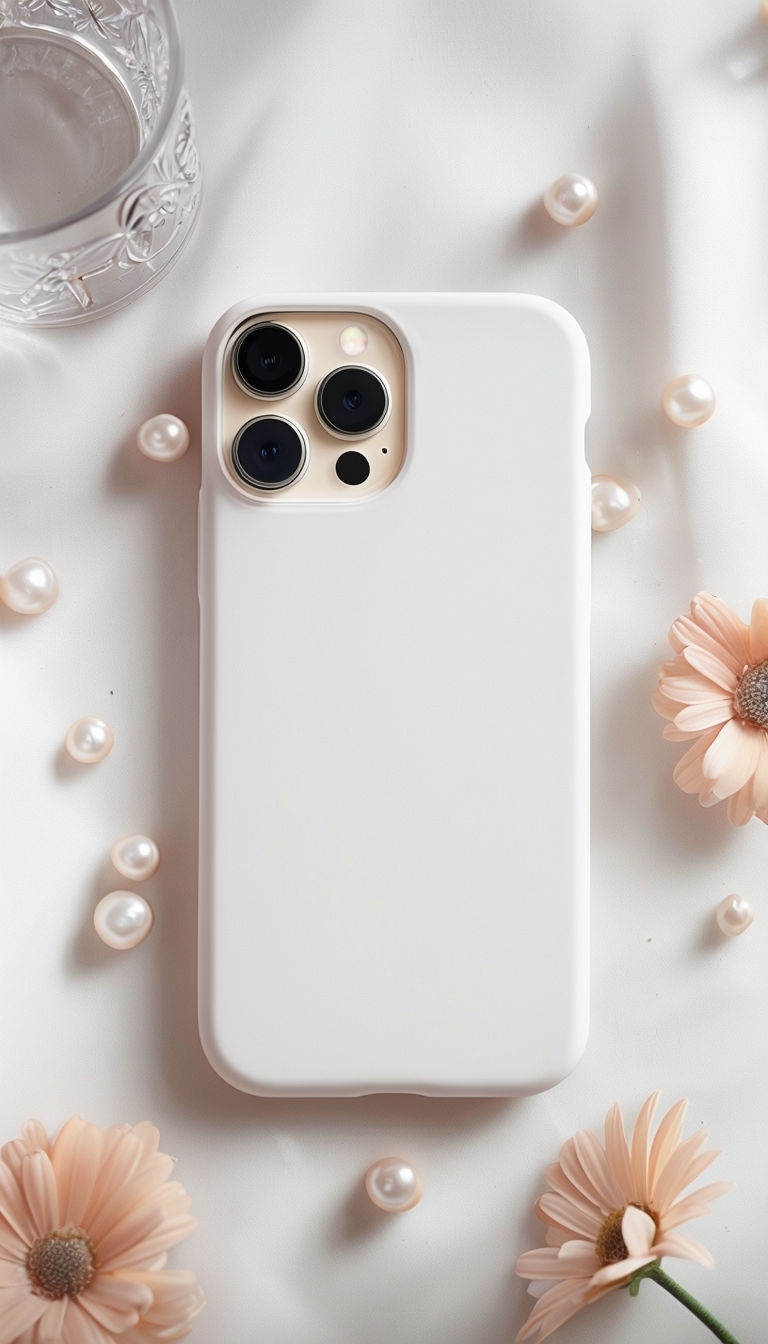 Elegant iPhone Case Mockup with Peach Daisies and Pearls Mockup