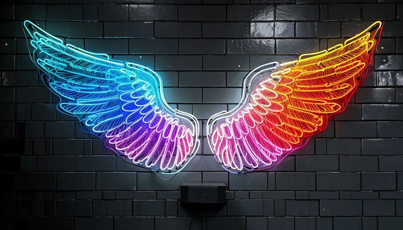 Vibrant Neon Wings Installation on Dark Brick Wall Background