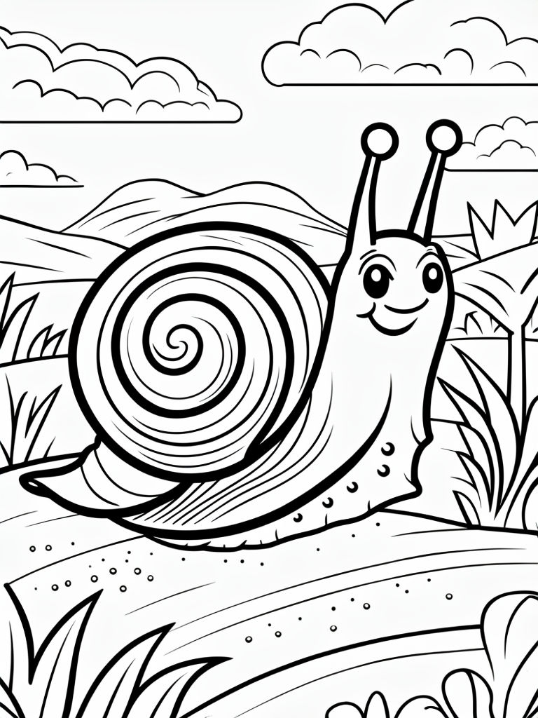 Cheerful Snail with Plants and Clouds Coloring Page