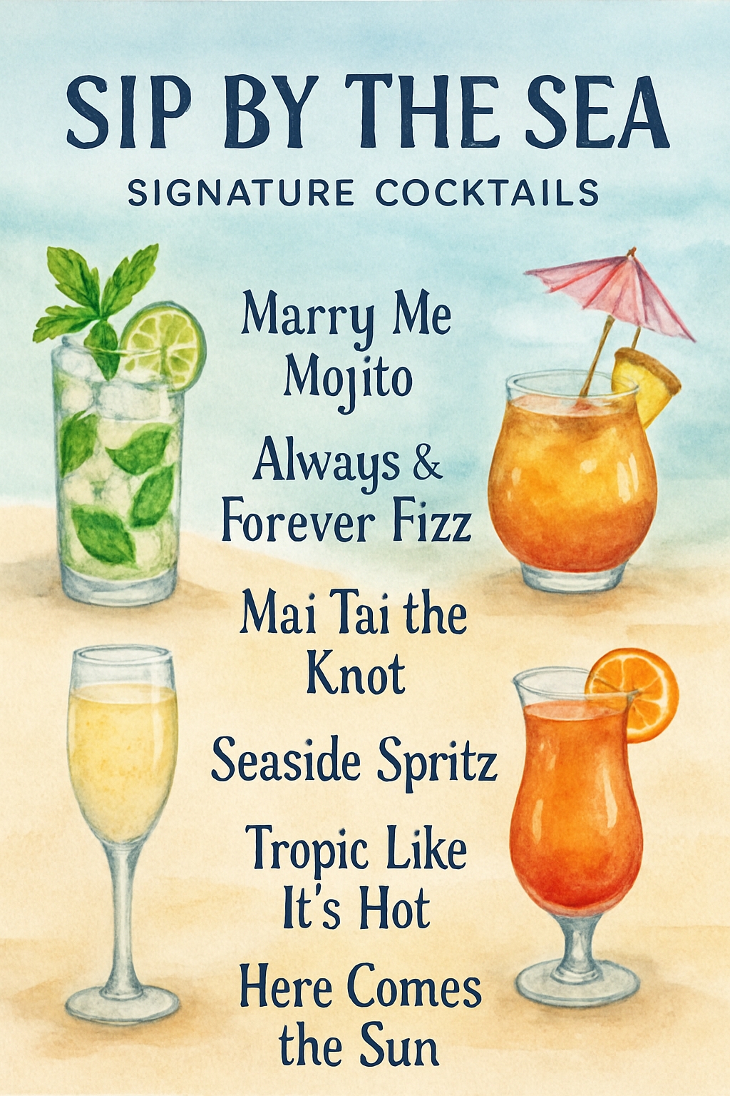 SIP BY THE SEA Watercolor Cocktail Promotion Poster Event Sign