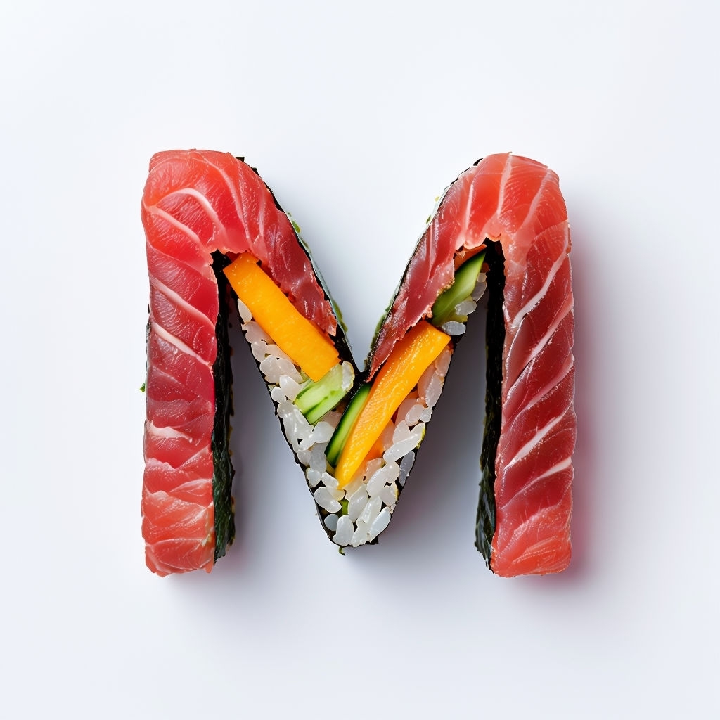 Vibrant Sushi Roll Shaped Letter M Culinary Artwork Monogram
