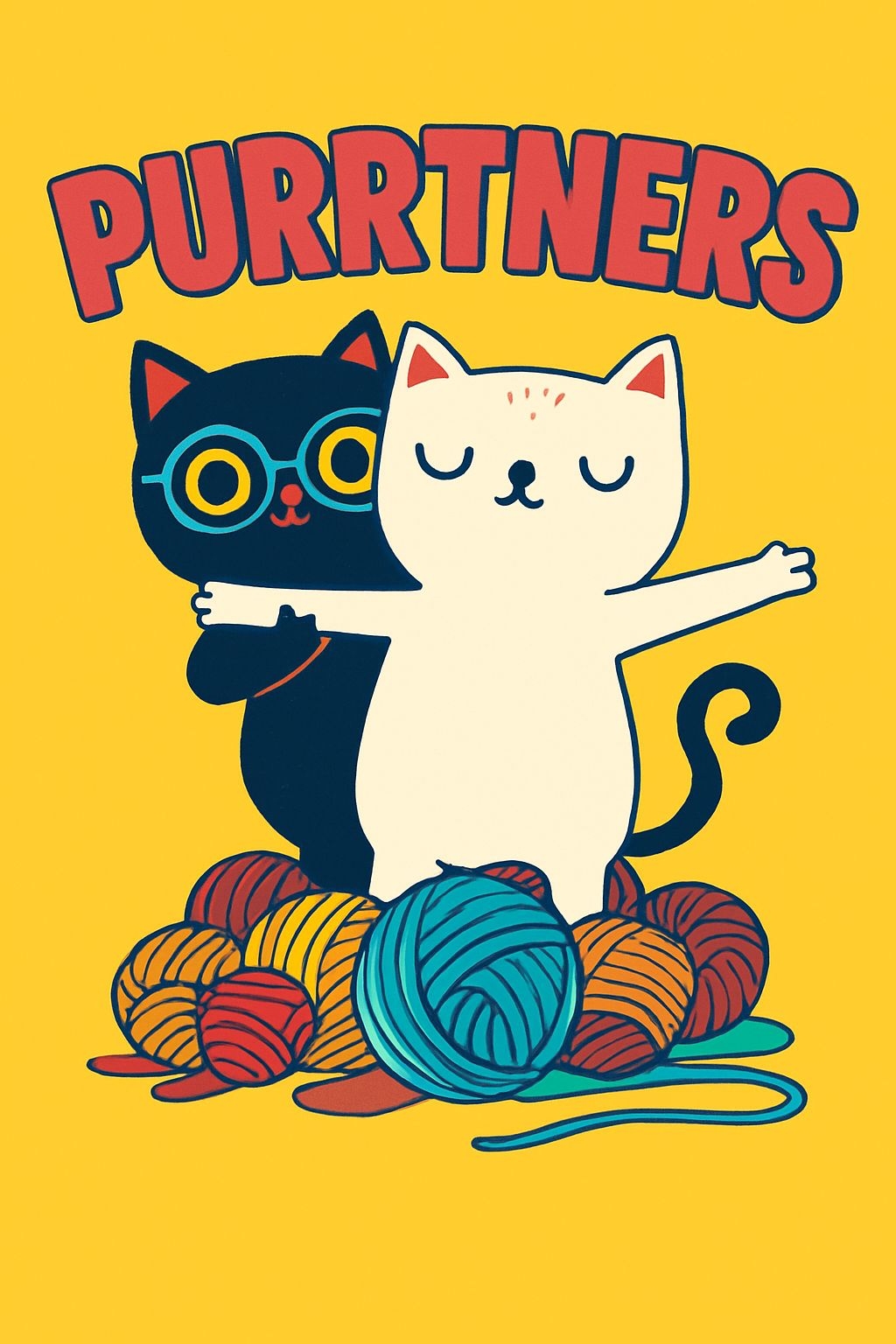 Whimsical Cartoon Cats with Yarn Balls and PURRTNERS Text T-Shirt