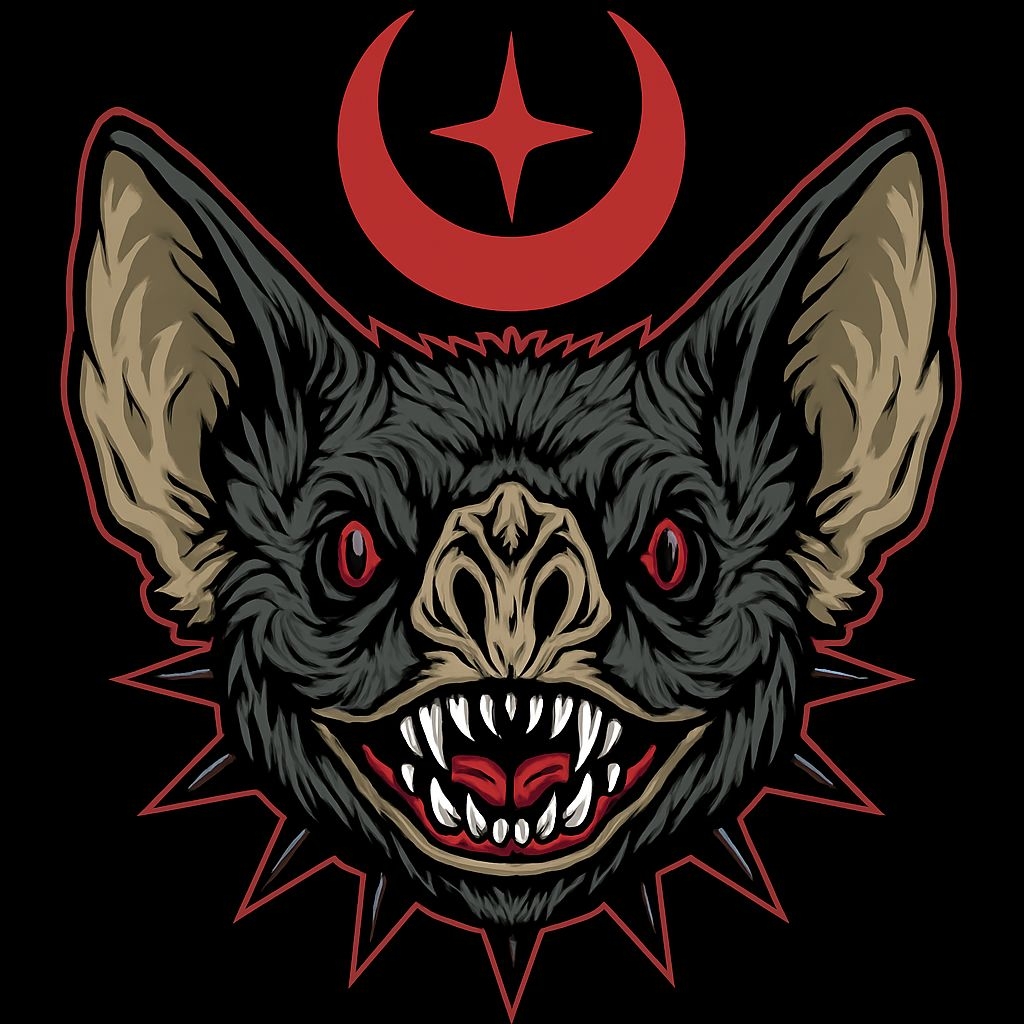 Menacing Bat Head Illustration with Crescent Moon and Spikes Art