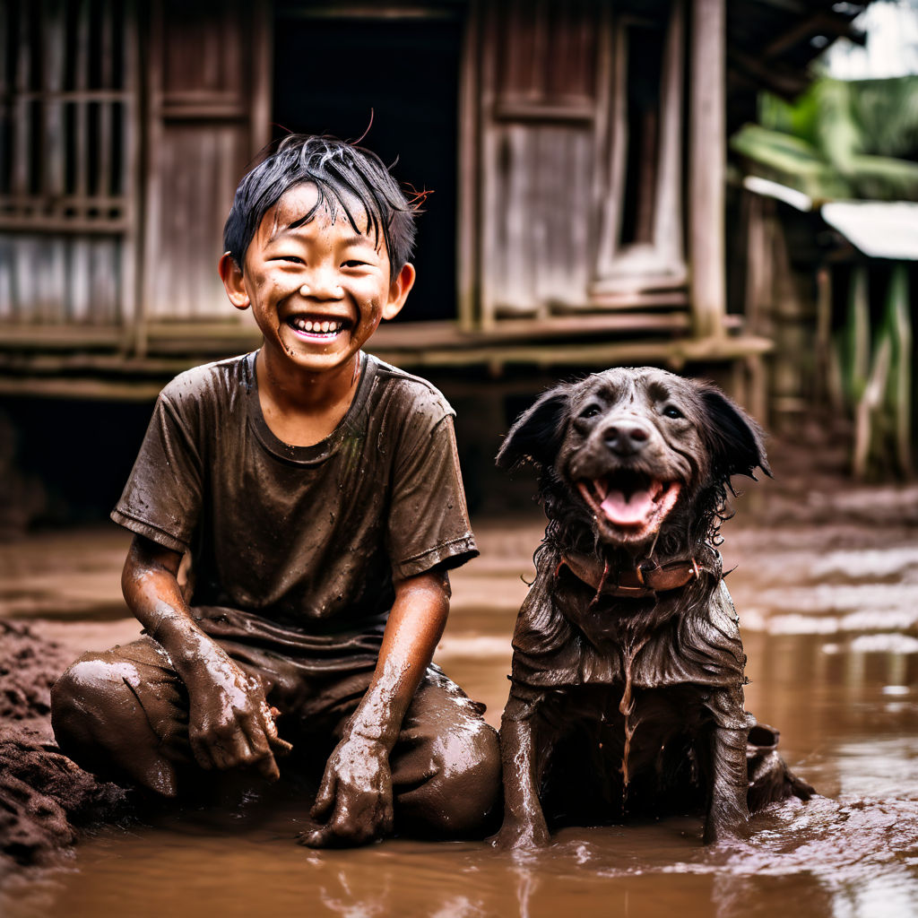 A photo of an Asian boy covered in mud playing with his dog by ...