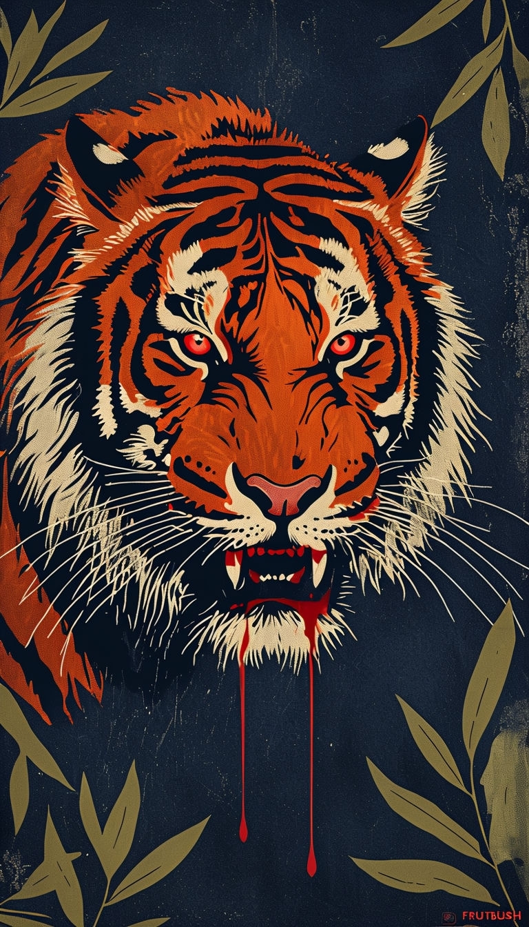 Menacing Vintage Tiger Illustration with Dramatic Color Contrast Mobile Wallpaper