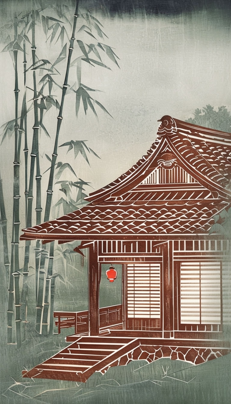 Traditional Japanese Tea House in Bamboo Forest Mobile Wallpaper