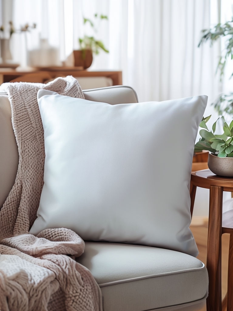 Cozy Neutral Living Room with White Throw Pillow Mockup