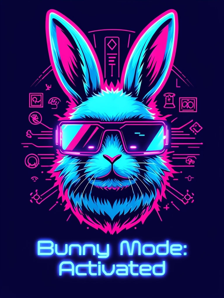 Futuristic Bunny with Neon Icons and Glowing Text Poster