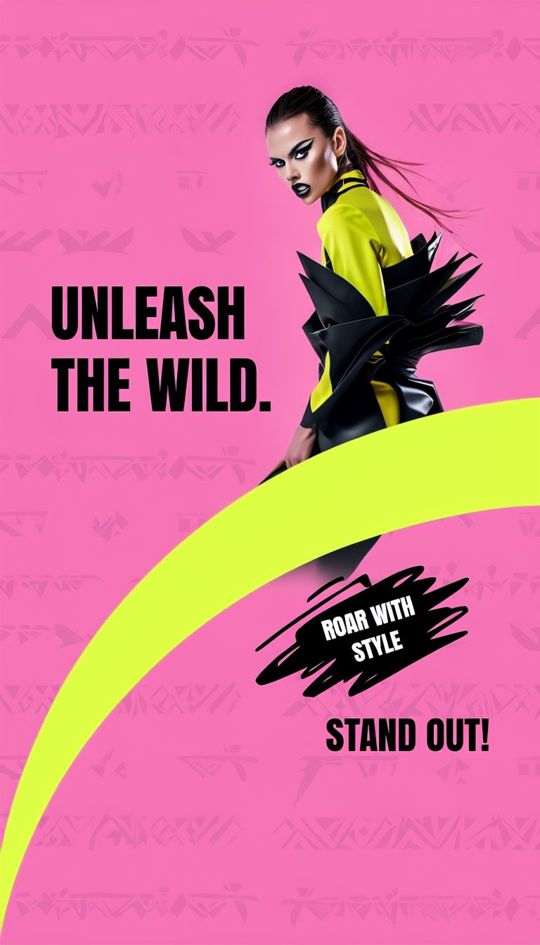 Vibrant Hot Pink Fashion Ad Featuring Fierce Model and Bold Text Ads