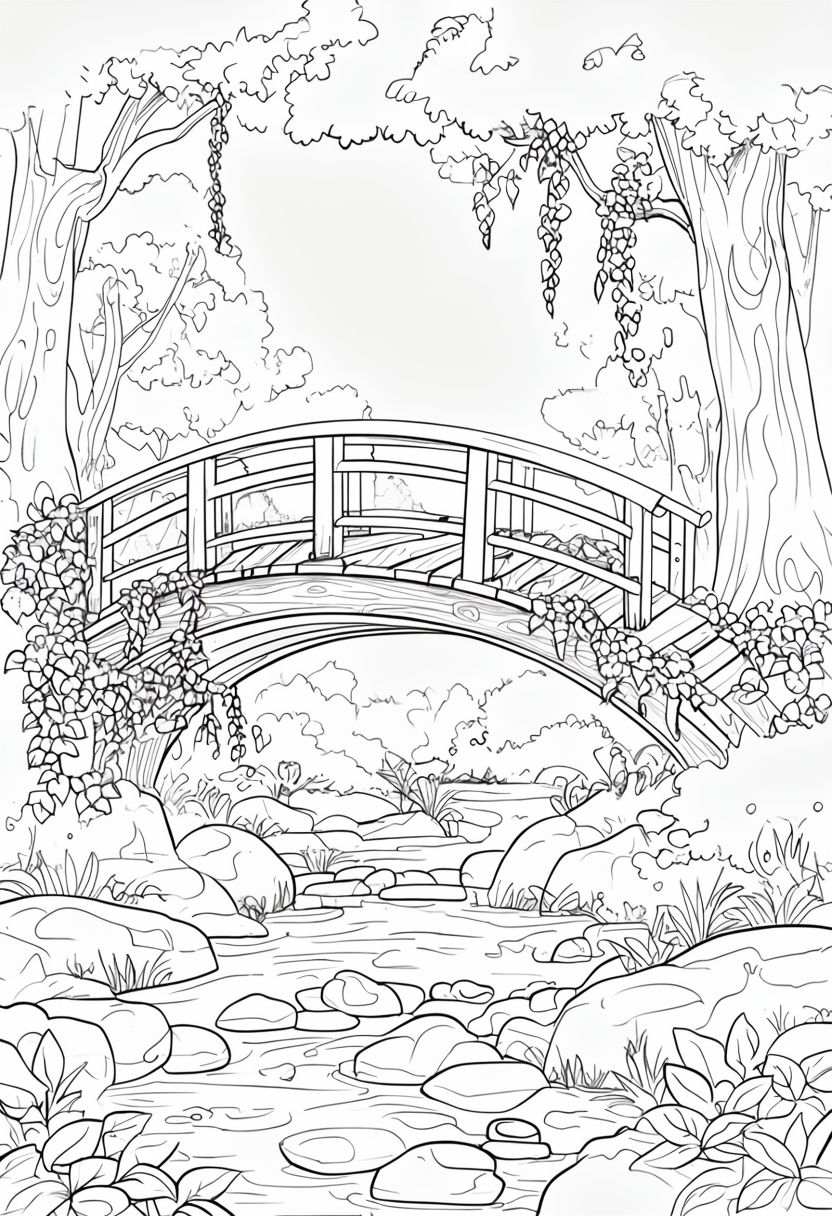 Charming Cartoon Wooden Bridge Coloring Book Page