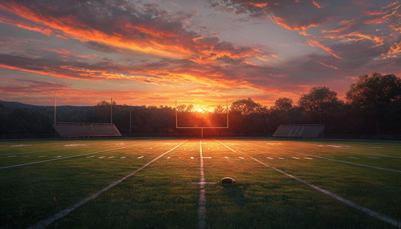 Serene Football Field Sunset Photograph with Vibrant Colors Background