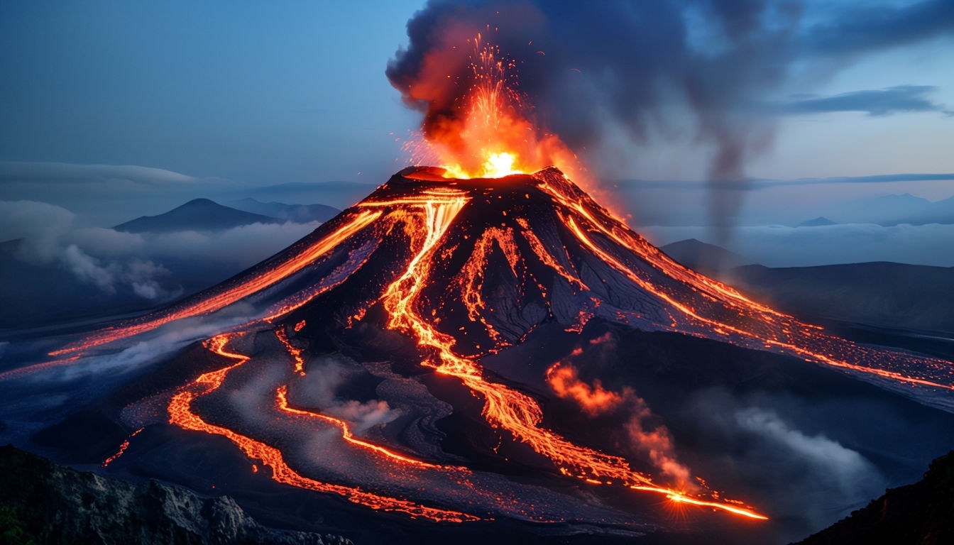 Dramatic Twilight Volcano with Flowing Lava Virtual Background