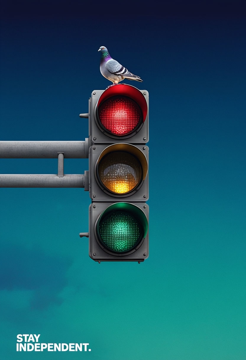 Minimalist Traffic Light Illustration with Pigeon Poster