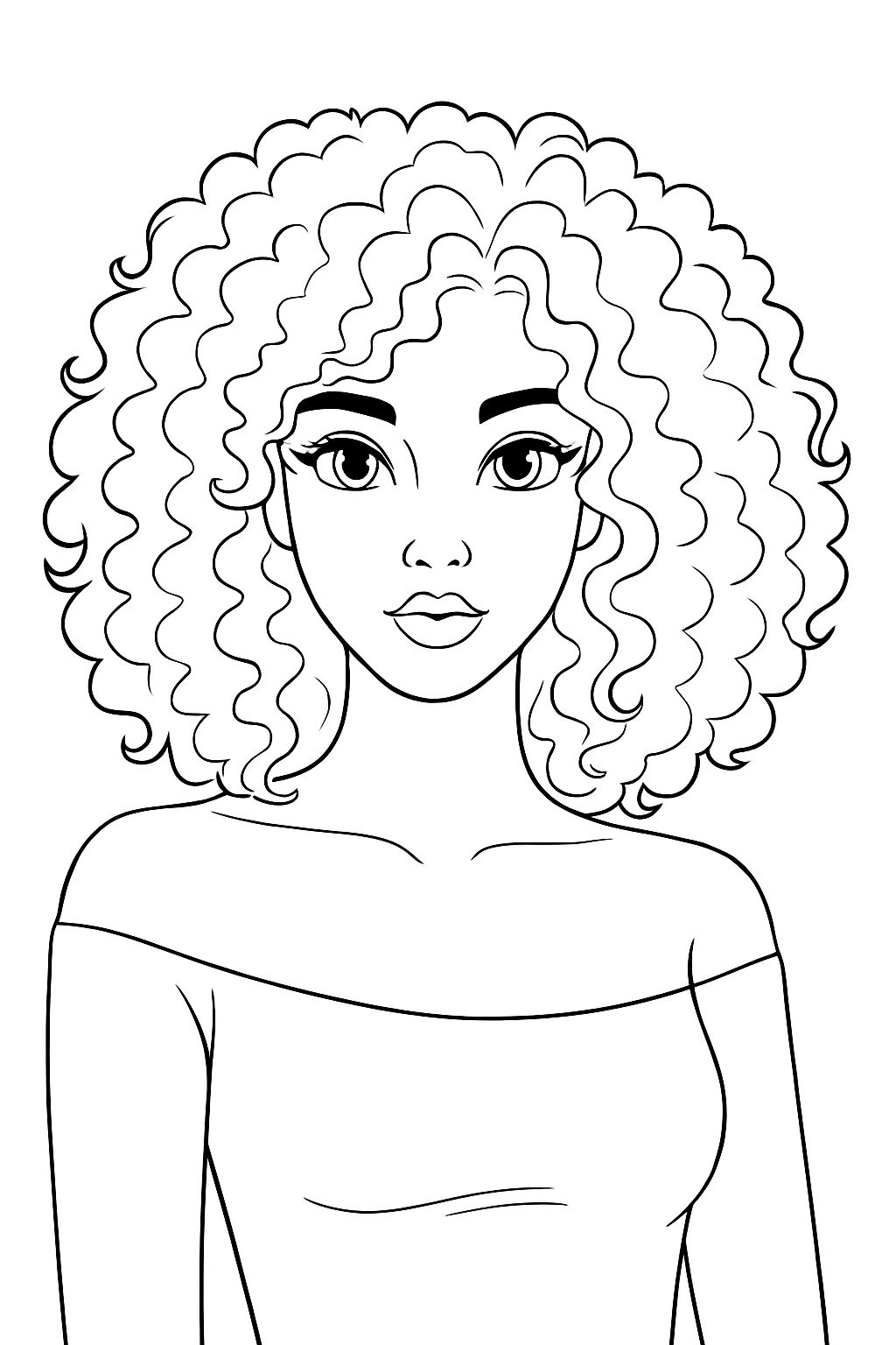Elegant Line Drawing of a Young Woman with Curly Hair Coloring Book Pages