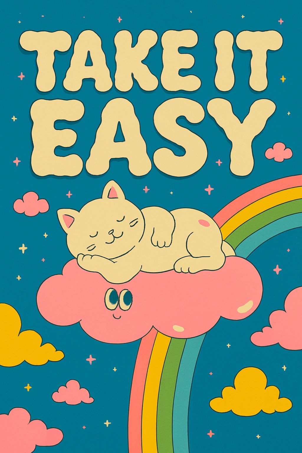 Whimsical Sleeping Cat on Pink Cloud with Rainbow Poster