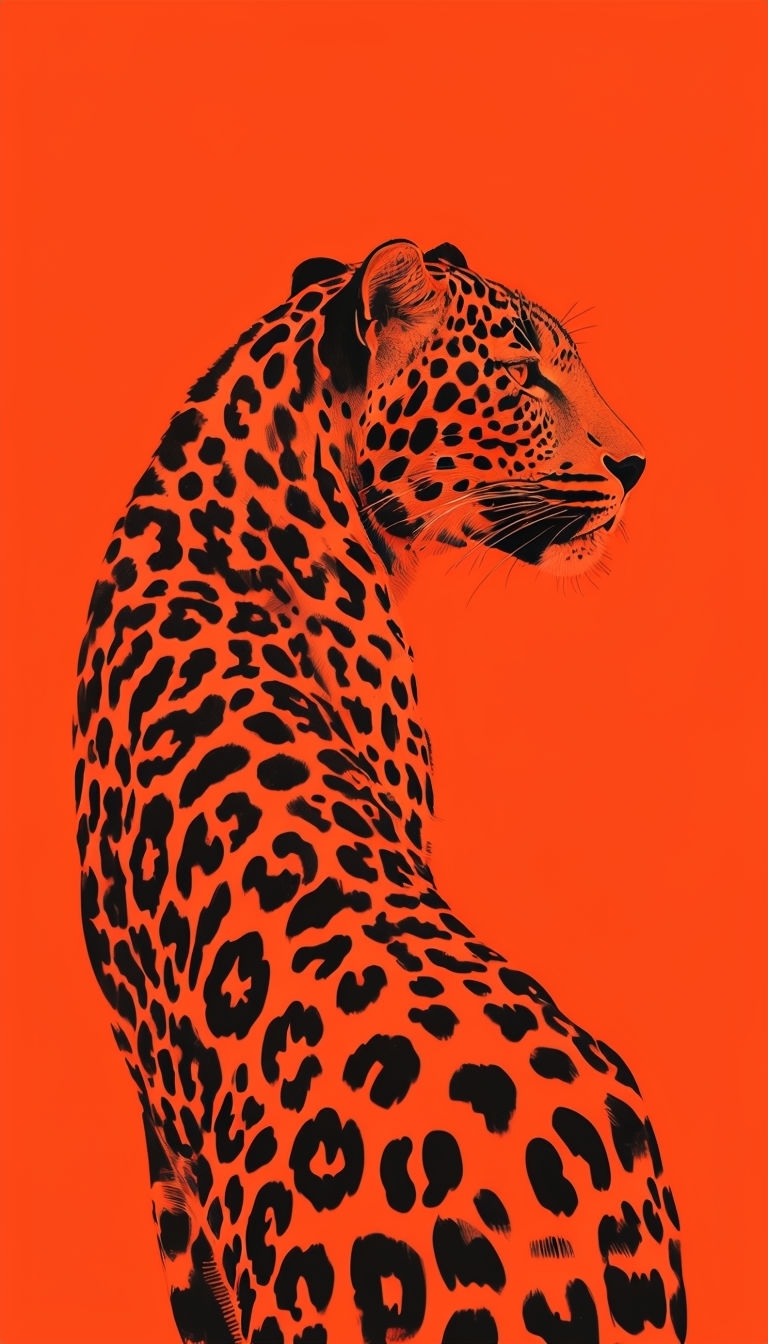 Minimalist Black Leopard Illustration on Bright Orange Background Mobile Wallpaper