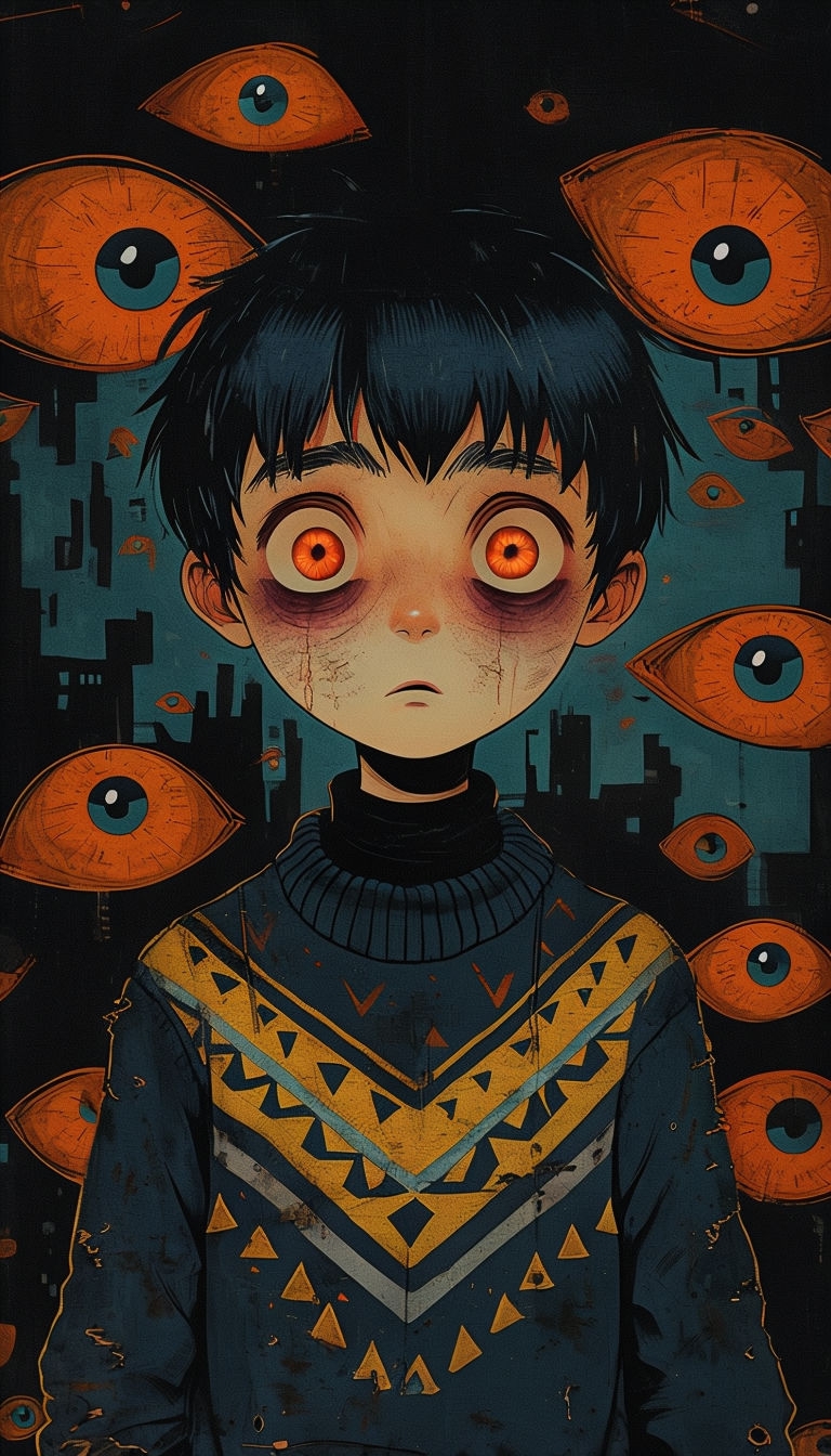 Eerie Illustration of Shocked Boy Surrounded by Giant Eyes Mobile Wallpaper