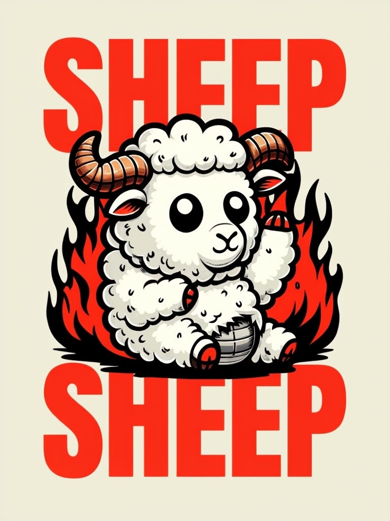 Fluffy White Sheep Surrounded by Black Flames Poster
