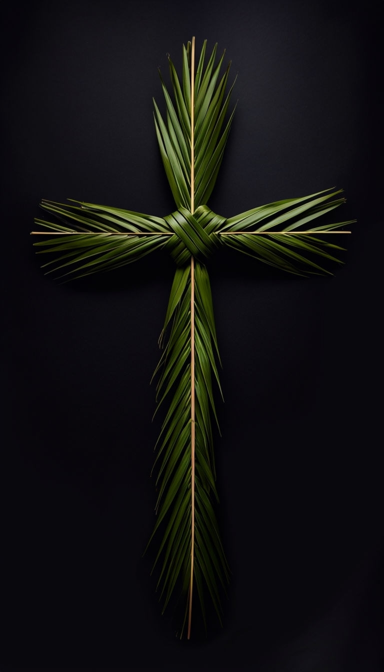 Minimalist Palm Frond Cross Against Black Background Mobile Wallpaper