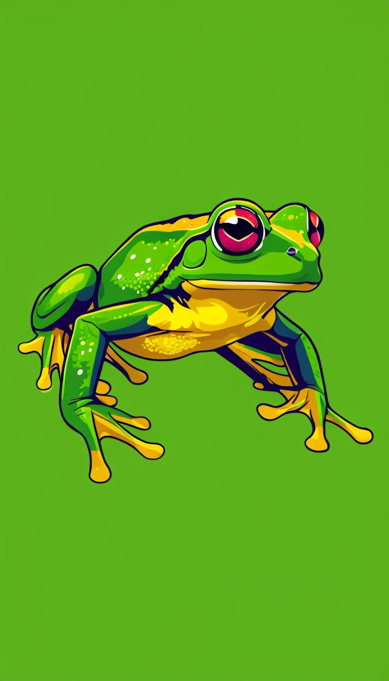 Vibrant Tropical Rainforest Frog Illustration on Lime Green Background Mobile Wallpaper