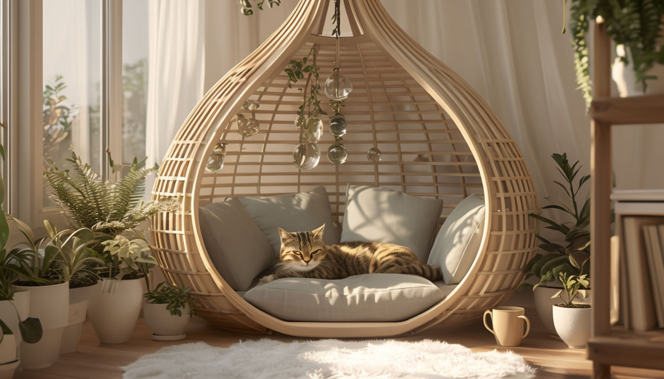 Cozy Wicker Pod with Tabby Cat in Sunlit Indoor Space Art