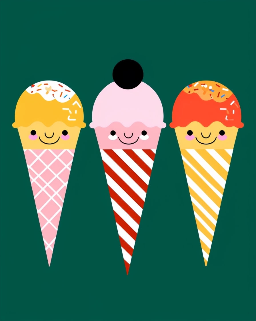 Cheerful Cartoon Ice Cream Cones Illustration on Green Poster