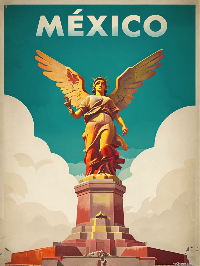 Vintage Travel Poster of El Ángel Independence Statue in México