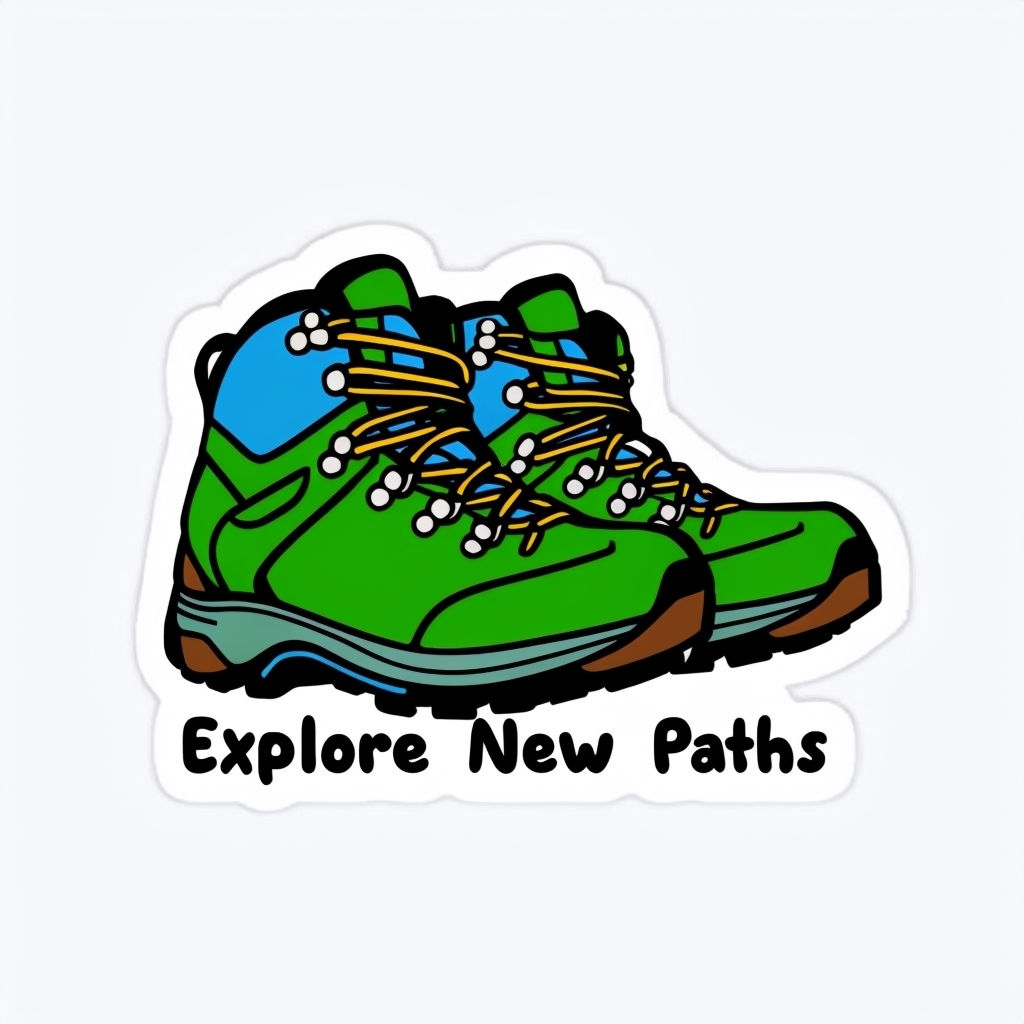 Colorful Hiking Boots with Explore New Paths Phrase Sticker