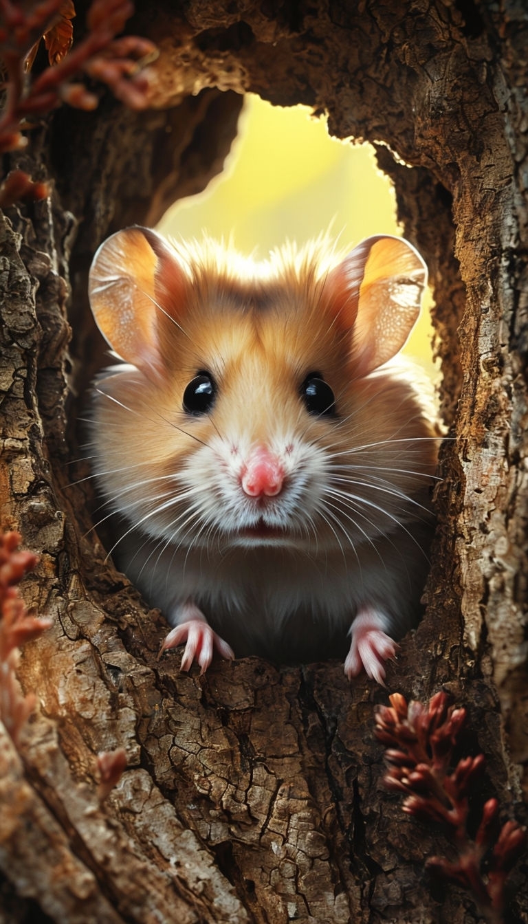 Whimsical Golden-Brown Hamster in Tree Bark Cavity Mobile Wallpaper