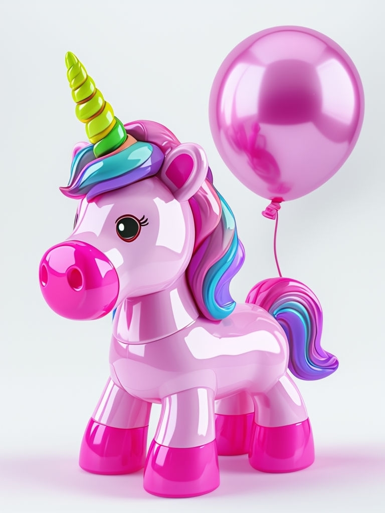 Playful Glossy Pink Unicorn Toy with Colorful Balloon Art