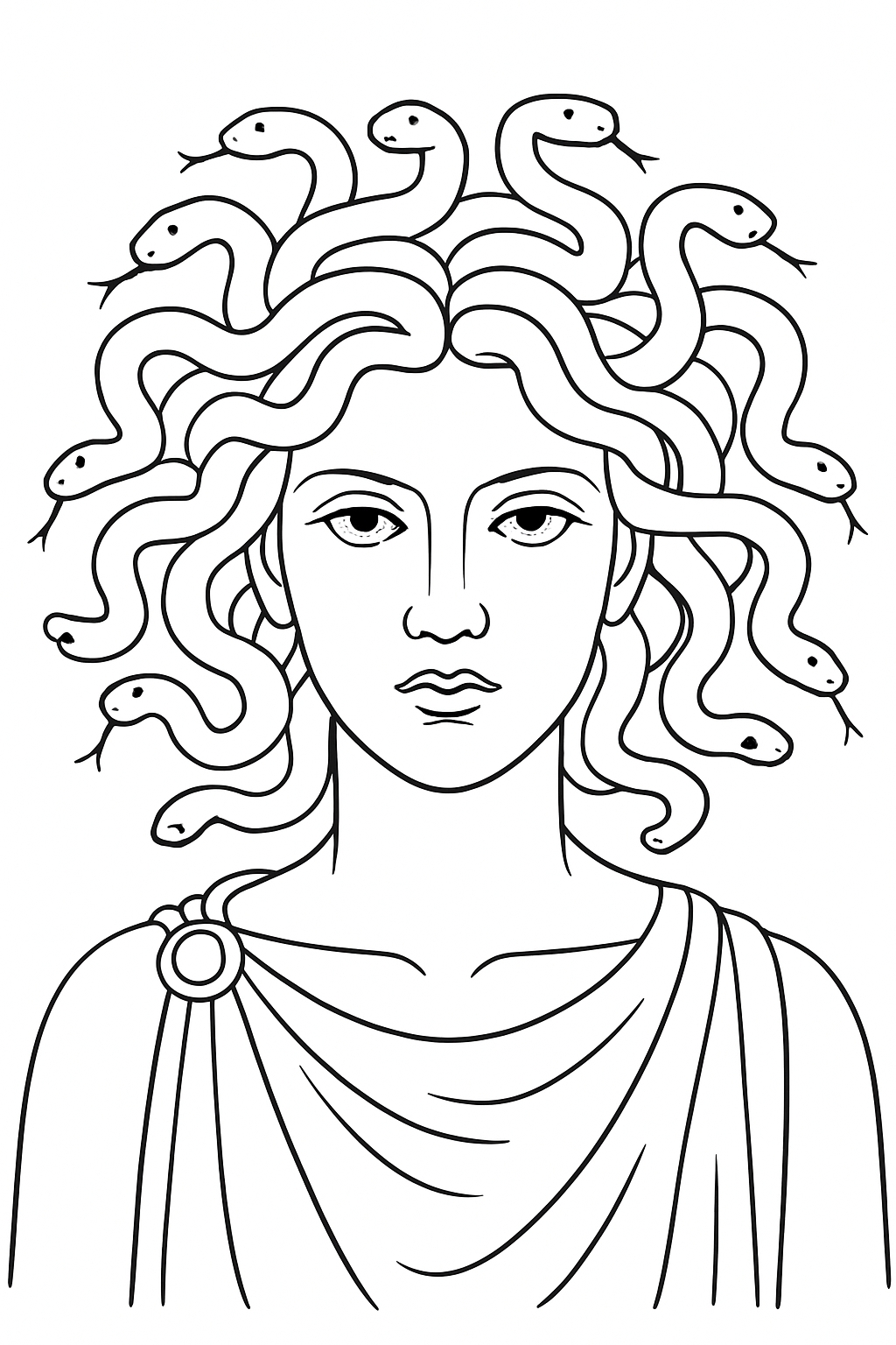 Mythological Figure with Snakes Black-and-White Illustration Coloring Book Pages
