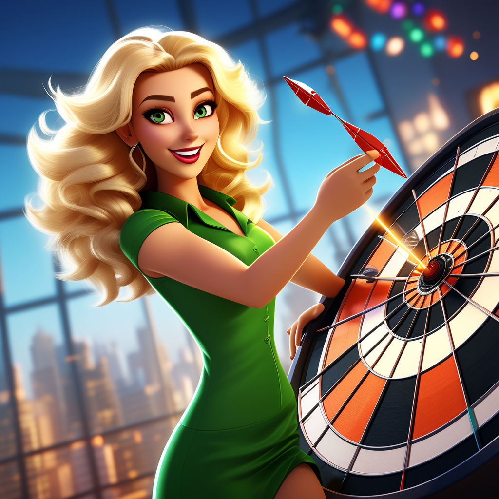 A woman with blonde hair and green eyes is playing darts, high quality, cartoon animation, 2d